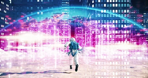 Astronaut running inside holographic wireframe city future concept. Stock Footage 325790209