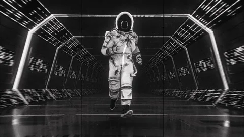 An Astronaut Running Through A black Sci-Fi Tunnel Vídeos de archivo 269521765