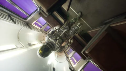 An astronaut runs on an interstellar space train hurtling at superluminal speed Vidéo 169411713