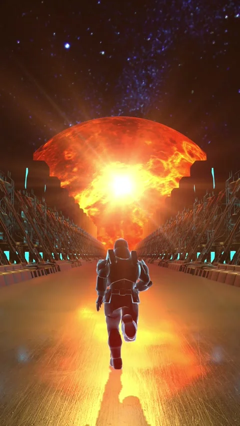 Astronaut runs through a platform into distant planet -Seamless Loop Stockbeeldmateriaal 264786524