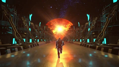 Astronaut runs through a platform into distant planet -4k Seamless Loop Stockbeeldmateriaal 264786540