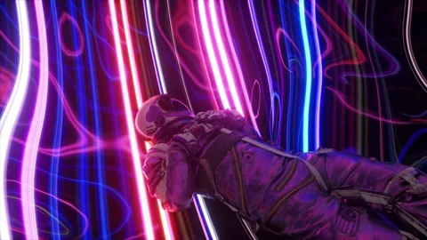 Astronaut in silver space suit glides through vibrant neon light waves Stock Footage 328358013