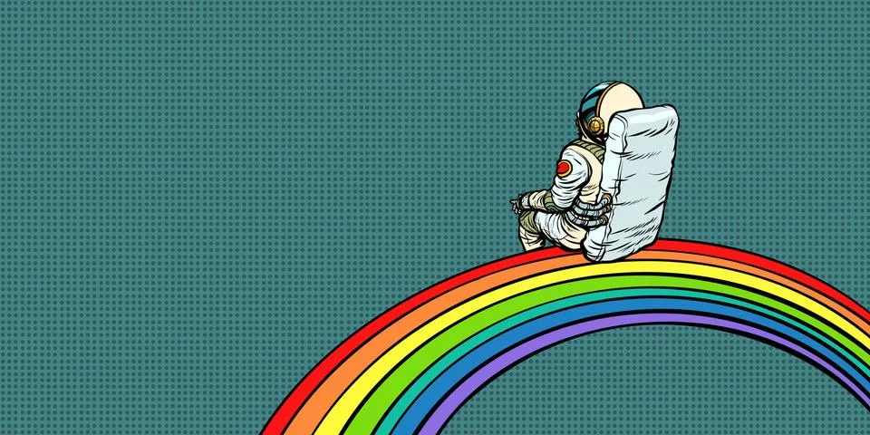 Astronaut sits on a rainbow 库存插图