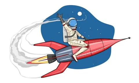 Astronaut sits on rocket. Vector illustration on space background Stock Illustration