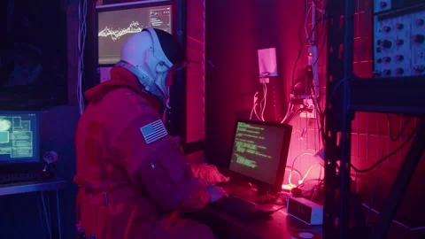 Astronaut Sits Typing on Computer in Surveillance Room Stock Footage 270333654