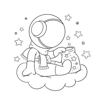 Astronaut sitting in a cloud looking at outer space in a jar for coloring Stock Illustration