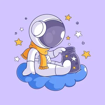 Astronaut sitting in a cloud looking at outer space in a jar Stock Illustration