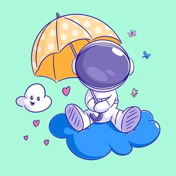 Astronaut is sitting in the cloud with an umbrella Stock Illustration