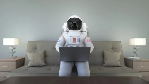Astronaut Sitting On Couch And Working With Computer Illustrazione stock
