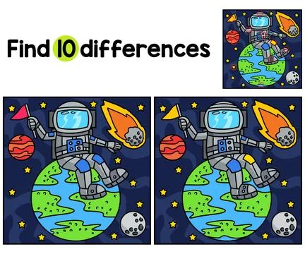 Astronaut Sitting on Earth Find The Differences Stock Illustration