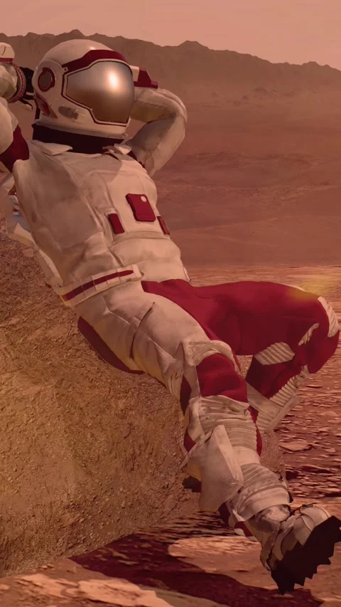 Astronaut sitting on Mars and admiring the scenery. Exploring Mission To Mars. Stock Footage 311007713