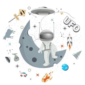 Astronaut sitting on the moon round flat illustration childrens doodles Stock Illustration