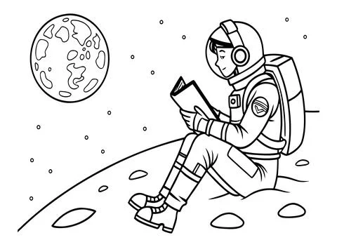 Astronaut sitting on moon surface reading book in deep space with earth plane Stock Illustration