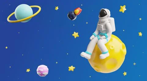 Astronaut sitting on planet in space 3D vector cartoon plastic style, cosmonaut Stock Illustration