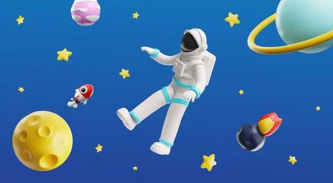 Astronaut soaring in space 3D vector cartoon plastic style, cosmonaut in Stock Illustration