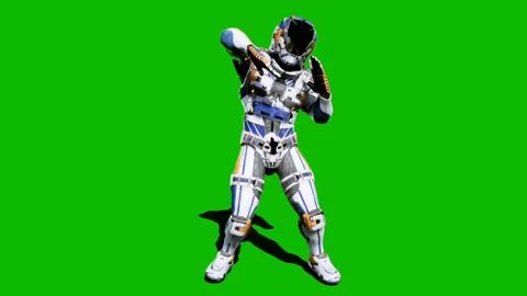 Astronaut-soldier of the future, dancing in front of a green screen. 3D Stock Illustration