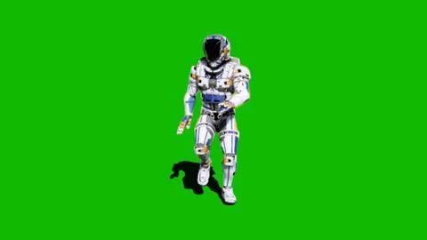 Astronaut-soldier of the future, dancing in front of a green screen. 3D Stock Illustration