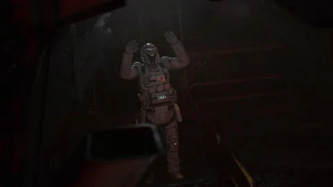 Astronaut soldier Scared and Hands Up and talks to surrender to the robot 01 Vídeo Stock 205801618