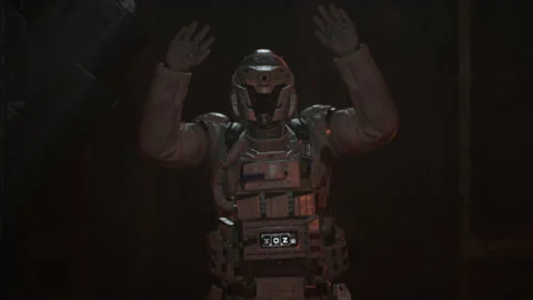 Astronaut soldier Scared and Hands Up and talks to surrender to the robot 06 Vídeo Stock 205811208