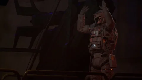 Astronaut soldier Scared and Hands Up and talks to surrender to the robot 07 Vídeo Stock 205813408