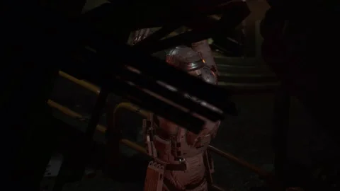 Astronaut soldier Scared and Hands Up and talks to surrender to the robot 08 Vídeo Stock 205816037