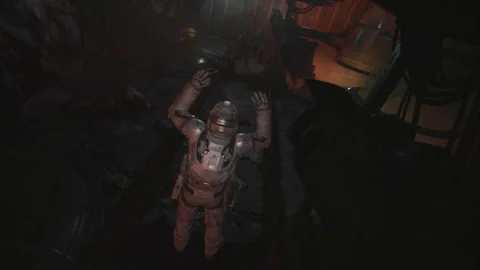 Astronaut soldier Scared and Hands Up and talks to surrender to the robot 09 Vídeo Stock 205818497