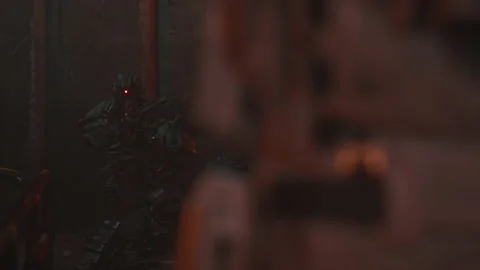 Astronaut soldier Scared and Hands Up and talks to surrender to the robot 11 Vídeo Stock 205824211