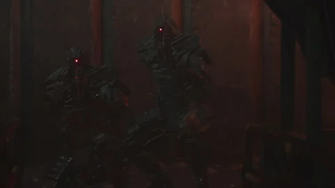 Astronaut soldier Scared and Hands Up and talks to surrender to the robot 12 Vídeo Stock 205826953