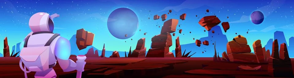 Astronaut in space on alien planet background Stock Illustration
