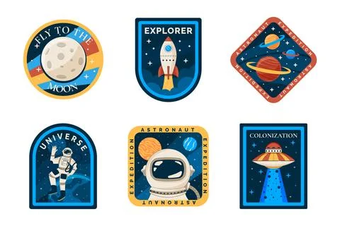 Astronaut space patch, colorful logo design, label or badge set. Boy t shirt Stock Illustration
