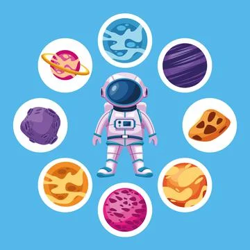 Astronaut with space planets around icons Stock Illustration