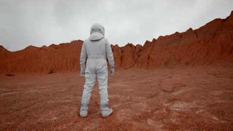 Astronaut in space suit looking at planet crater Stock Footage 220123490