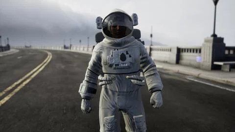 Astronaut in space suit on the road bridge Stock Illustration