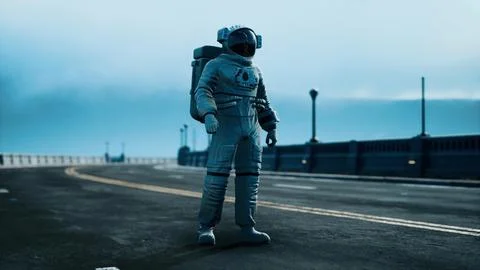 Astronaut in space suit on the road bridge Stock Illustration