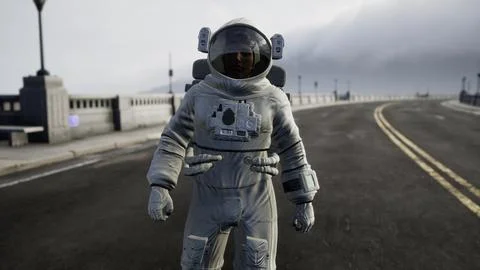 Astronaut in space suit on the road bridge Stock Illustration