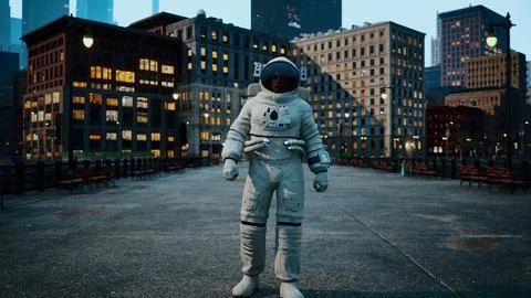 Astronaut in a space suit stands alone on a crowded city sidewalk Stock Illustration
