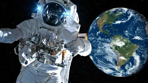 Astronaut spaceman do spacewalk while working for spaceflight mission Stock Illustration