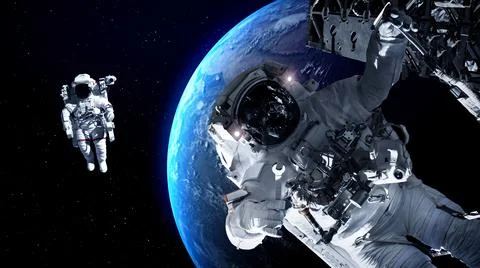 Astronaut spaceman do spacewalk while working for spaceflight mission Stock Illustration