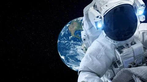 Astronaut spaceman do spacewalk while working for spaceflight mission Stock Illustration