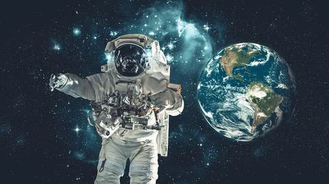 Astronaut spaceman do spacewalk while working for spaceflight mission Stock Illustration