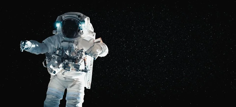 Astronaut spaceman do spacewalk while working for space station Stock Photos