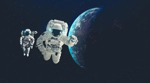 Astronaut spaceman do spacewalk while working for spaceflight mission Stock Photos
