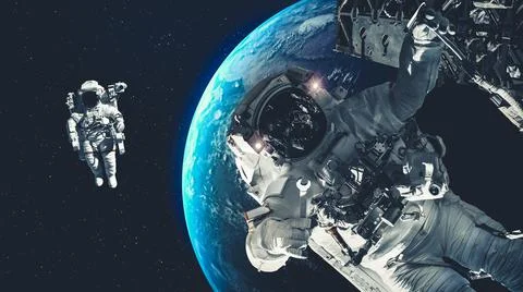 Astronaut spaceman do spacewalk while working for spaceflight mission Stock Photos