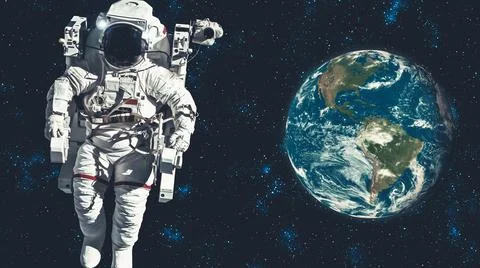 Astronaut spaceman do spacewalk while working for spaceflight mission Stock Photos