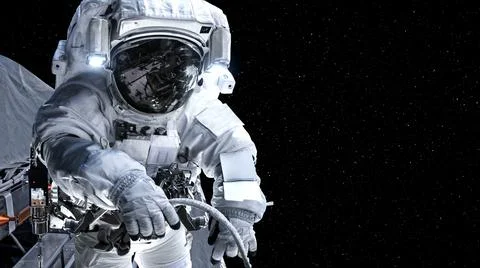 Astronaut spaceman do spacewalk while working for spaceflight mission Stock Photos