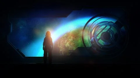 Astronaut in a spaceship orbiting the Earth, 3D render. Stock Illustration