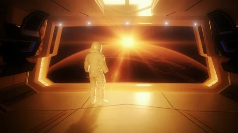 Astronaut at a spacestation above Mars Stock Footage 100351532