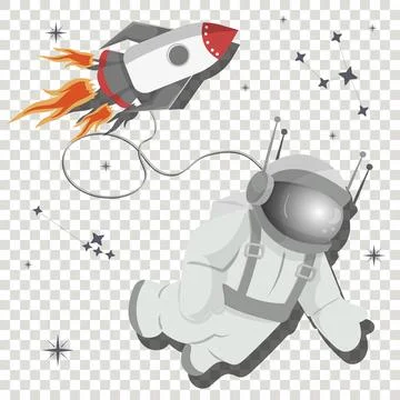 An astronaut in a spacesuit on the background of a rocket in space flat chi.. Stock Illustration