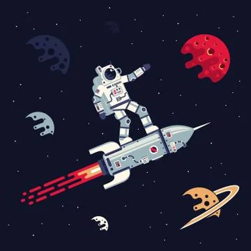 Astronaut in spacesuit flies standing on rocket in space among planets and st Stock Illustration