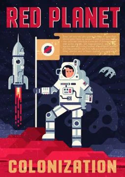 Astronaut in spacesuit with fluttering  flag on the surface of another planet Stock Illustration